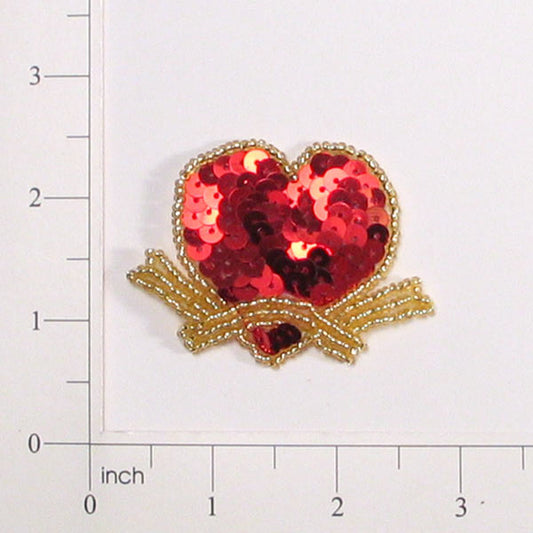 Heart And Ribbon Sequin Applique/Patch  - Red Multi