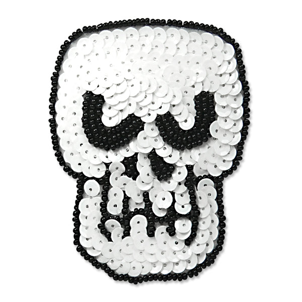 Scary Skull Beaded Sequin Applique/Patch  - White/ Black