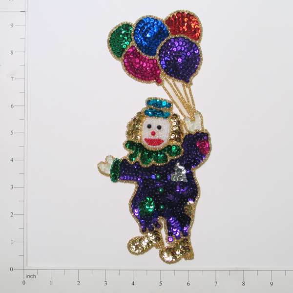 Clown With  Balloons Sequin Applique/Patch - Purple Multi - Large  - Multi Colors