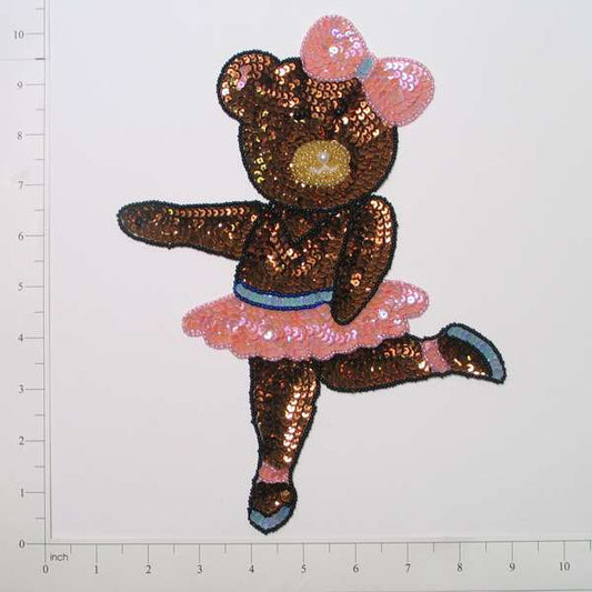 Ballerina Bear Sequin Applique/Patch - Brown, Pink - Large  - Brown Multi