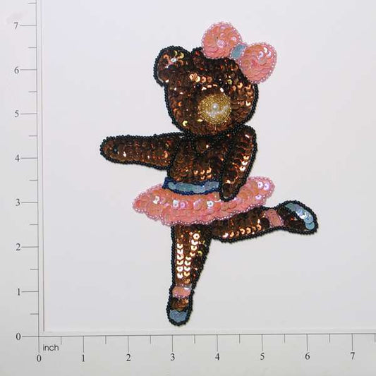 Ballerina Bear Sequin Applique/Patch - Brown, Pink - Medium  - Brown Multi
