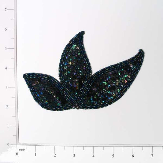 Triple Leaf Sequin Applique  - Black Aurora Borealis