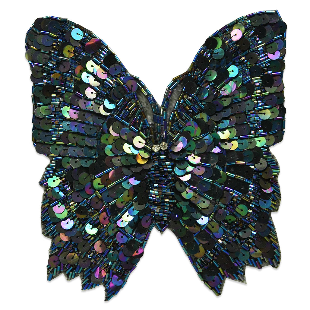6" x 5 1/2" Monarch Butterfly Sequin Applique/Patch  - Black Aurora Borealis