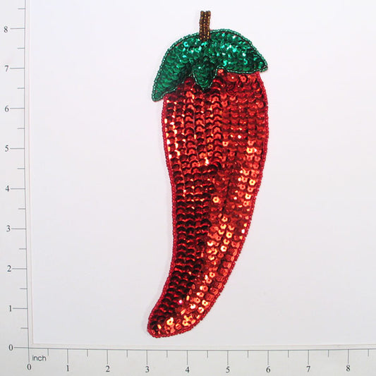Beaded Chilli Pepper Sequin Applique/Patch 8" x 2 3/4"  - Red
