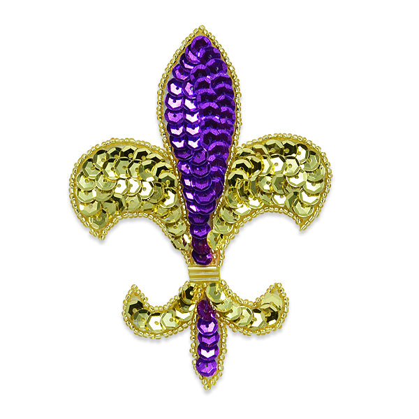 4 1/4" x 3" Fleur De Lis Sequin Applique/Patch  - Gold / Purple