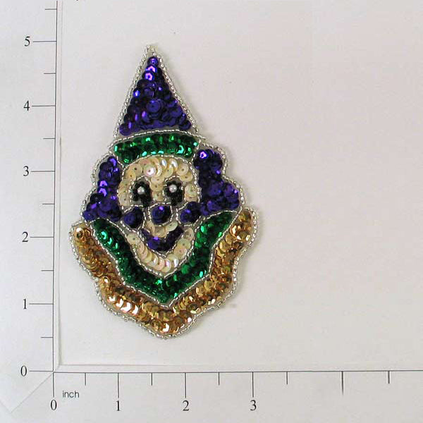 4 1/2" x 3" Mardi Gras Happy Clown Face Sequin Applique/Patch  - Multi Colors