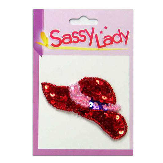 Red Brimmed Hat Sassy Lady Sequin Applique/Patch  - Red Multi