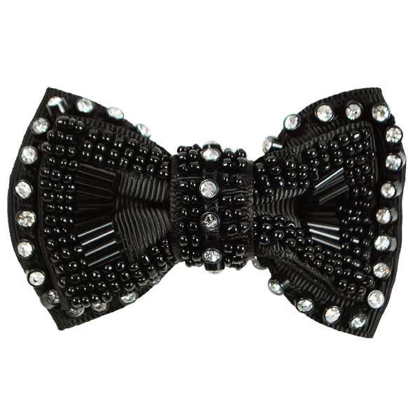 Beaded Bow Rhinestone Brooch   - Black