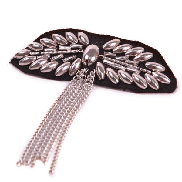 Leaf Beaded Brooch with Chains  - Black/Silver