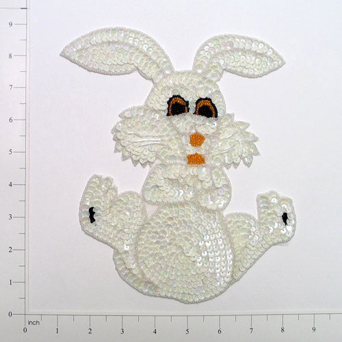 8 1/2" x 6 3/4" Bunny Rabbit Sequin Applique/Patch  - White Aurora Borealis