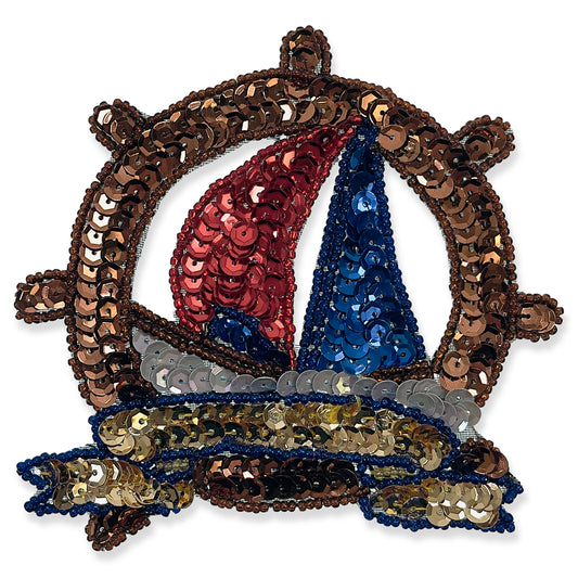 Captains Wheel with Sailboat Sequin Applique  - Multi Colors