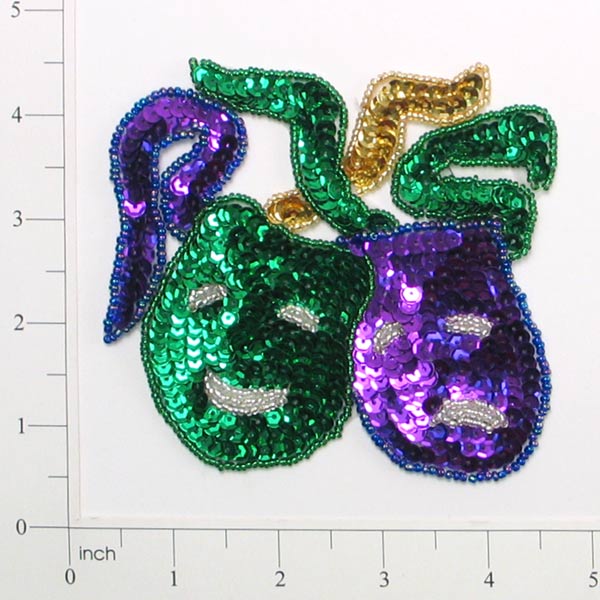 4" x 4" Mardi Gras Drama Mask Sequin Applique/Patch  - Multi Colors