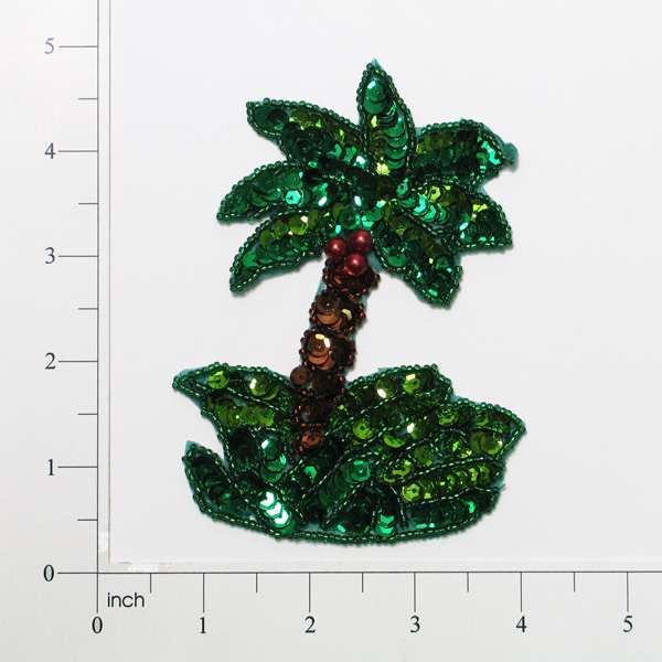 4 1/2" x 3 1/4" Single Palm Tree Sequin Applique/Patch  - Green Multi