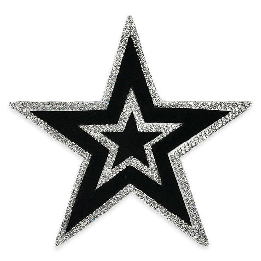 5 1/2" Velvet Double Outline Star Iron-on Rhinestone Applique/Patch  - Black/Silver
