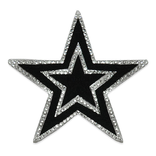 4" Velvet Double Outline Star Iron-on Rhinestone Applique/Patch  - Black/Silver