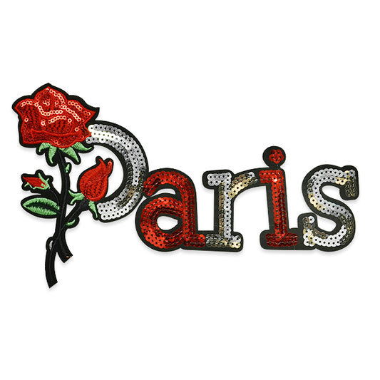 Rose in Paris Sequin Iron On Applique/Patch Patch  - Red/Silver