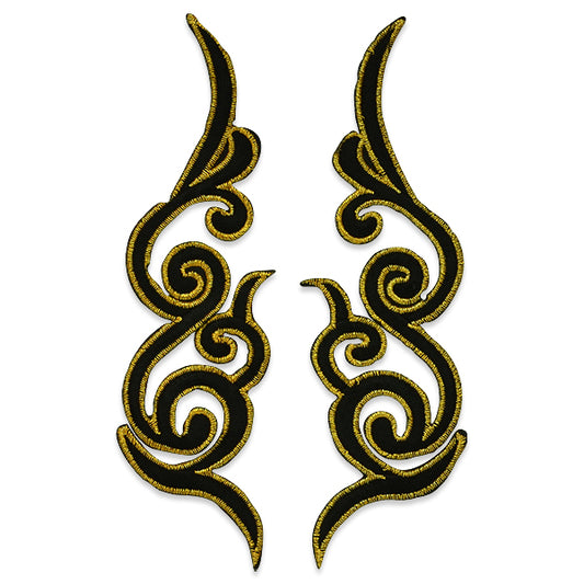 Pair of  Caravaggio Scrollwork Iron On Embroidered Applique/Patch  - Black/ Gold