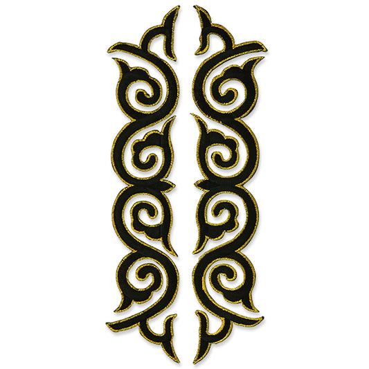 Pair of Artemisia Scrollwork Iron On Embroidered Applique/Patch  - Black/ Gold