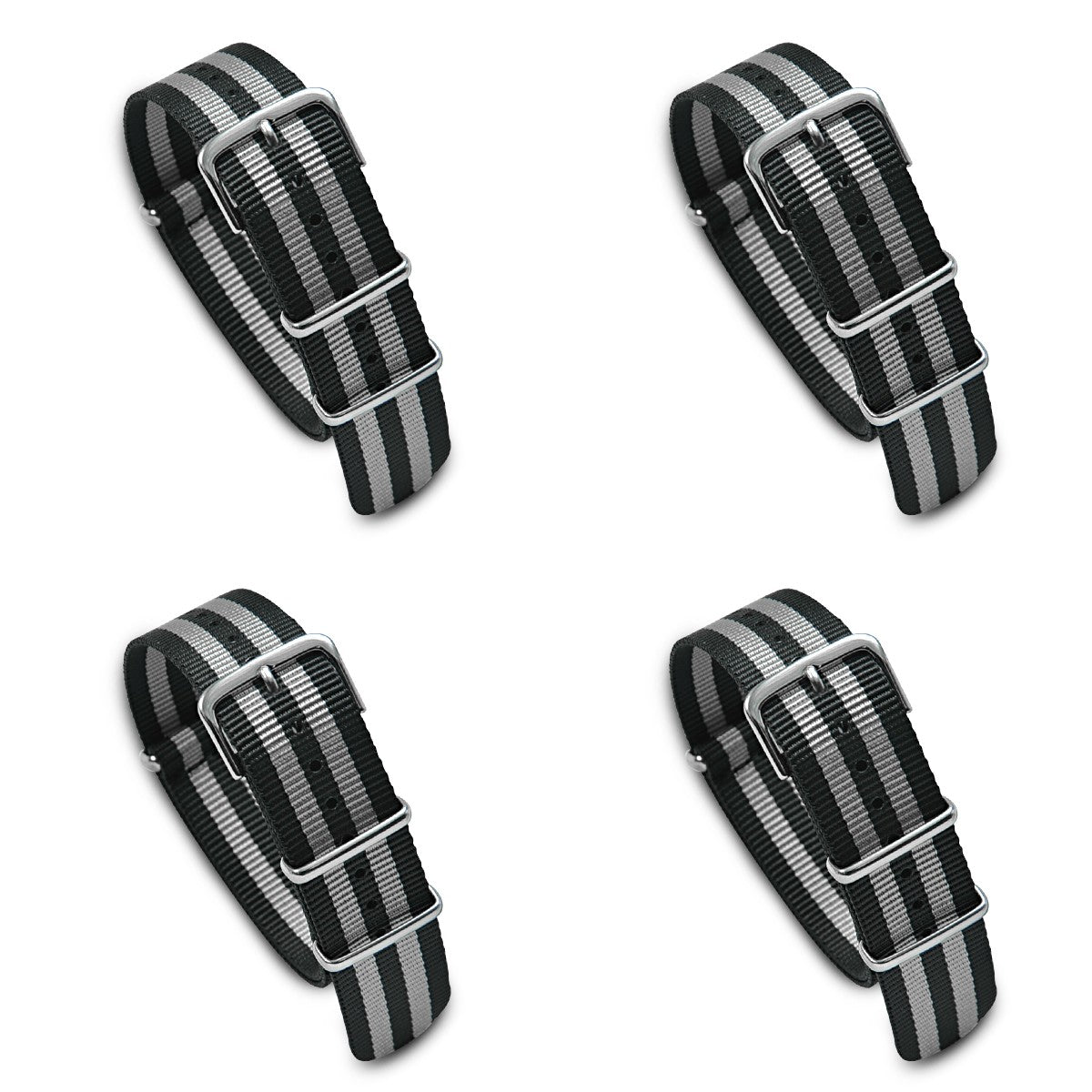 Value Pack of 4 Military MoD Nylon Watch Strap (Black/Silver) 20mm Watch Straps